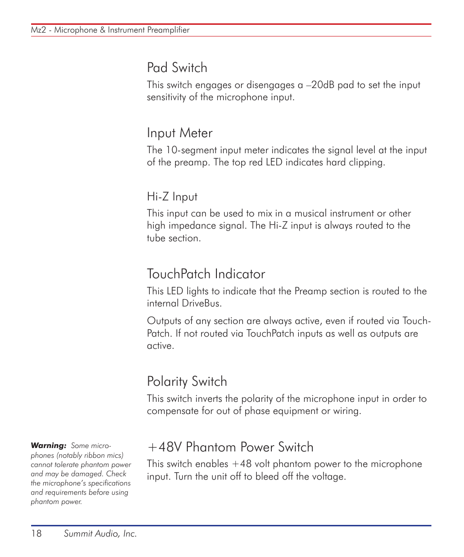 Pad switch, Input meter, Touchpatch indicator | Polarity switch, 48v phantom power switch | Summit Audio ECS-410 Everest Channel Strip User Manual | Page 18 / 52