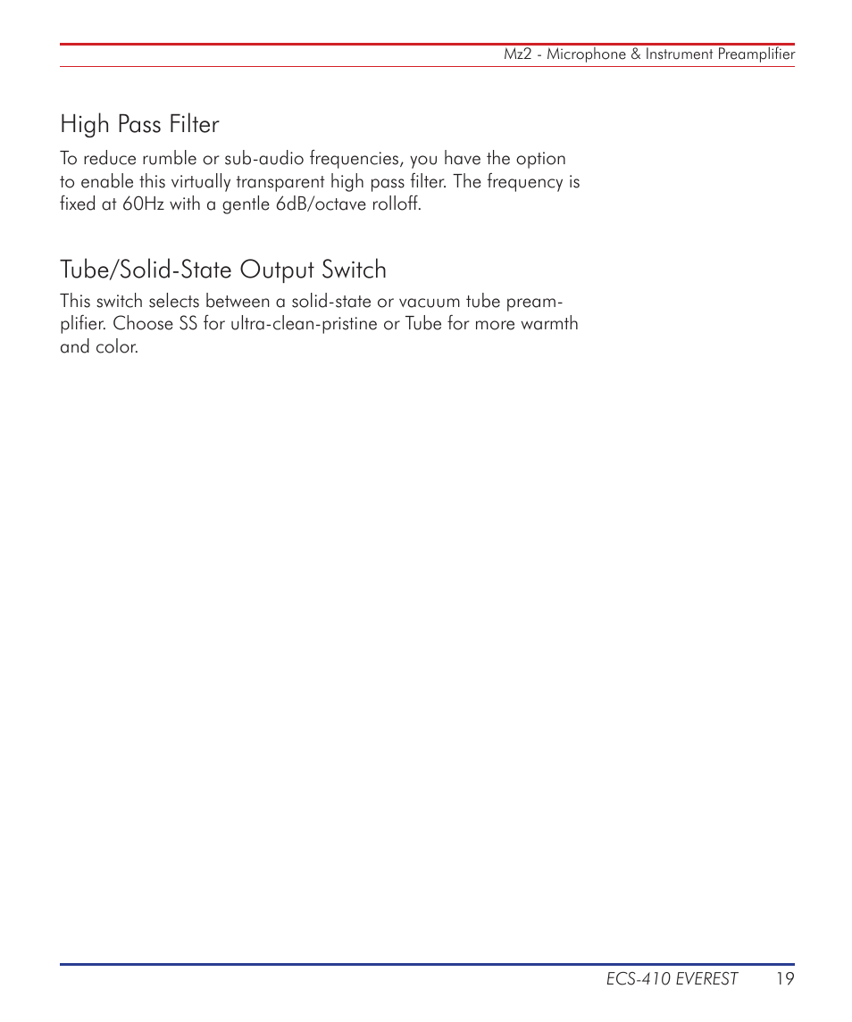 High pass filter, Tube/solid-state output switch | Summit Audio ECS-410 Everest Channel Strip User Manual | Page 19 / 52