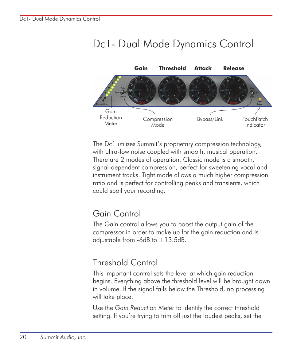 Dc1- dual mode dynamics control, Gain control, Threshold control | Summit Audio ECS-410 Everest Channel Strip User Manual | Page 20 / 52