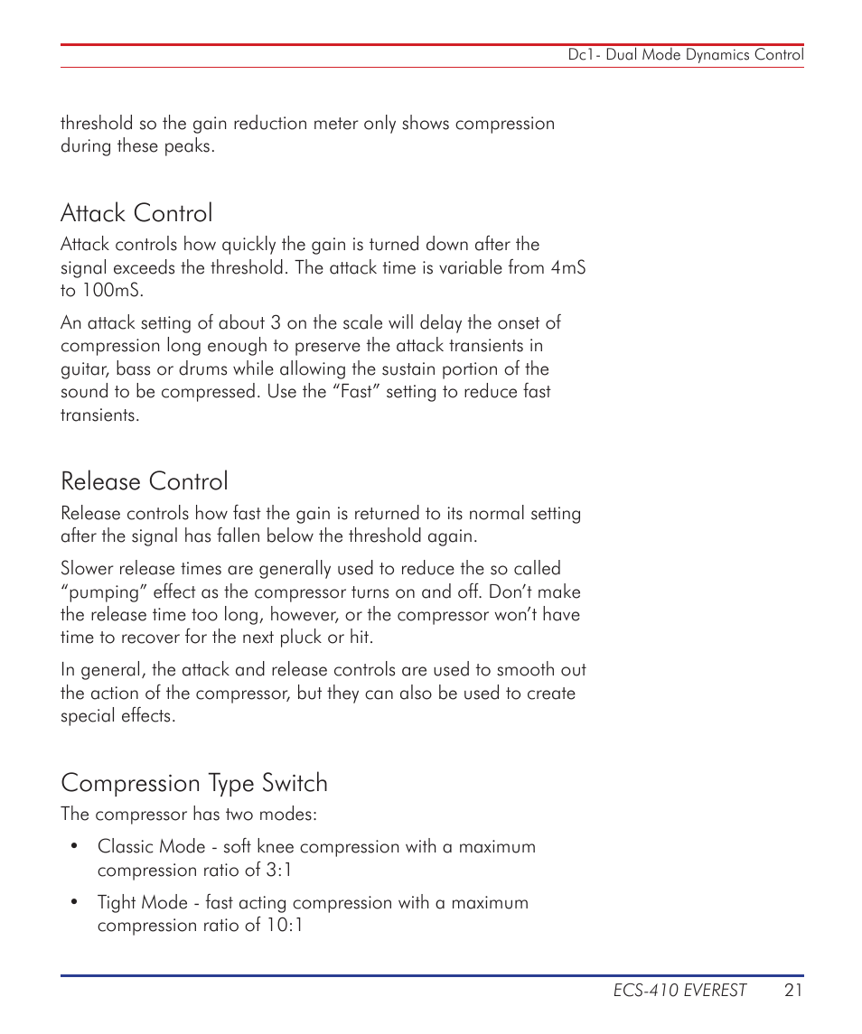 Attack control, Release control, Compression type switch | Summit Audio ECS-410 Everest Channel Strip User Manual | Page 21 / 52