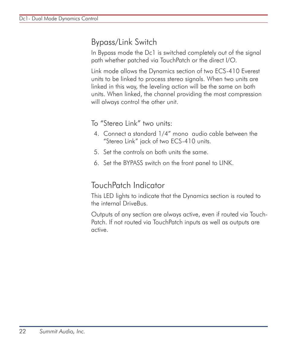 Bypass/link switch, Touchpatch indicator | Summit Audio ECS-410 Everest Channel Strip User Manual | Page 22 / 52