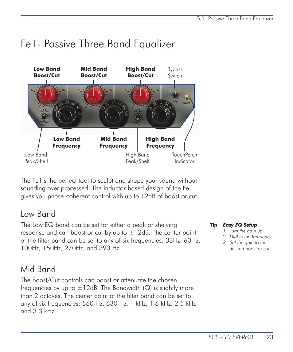 Fe1- passive three band equalizer, Low band, Mid band | Summit Audio ECS-410 Everest Channel Strip User Manual | Page 23 / 52