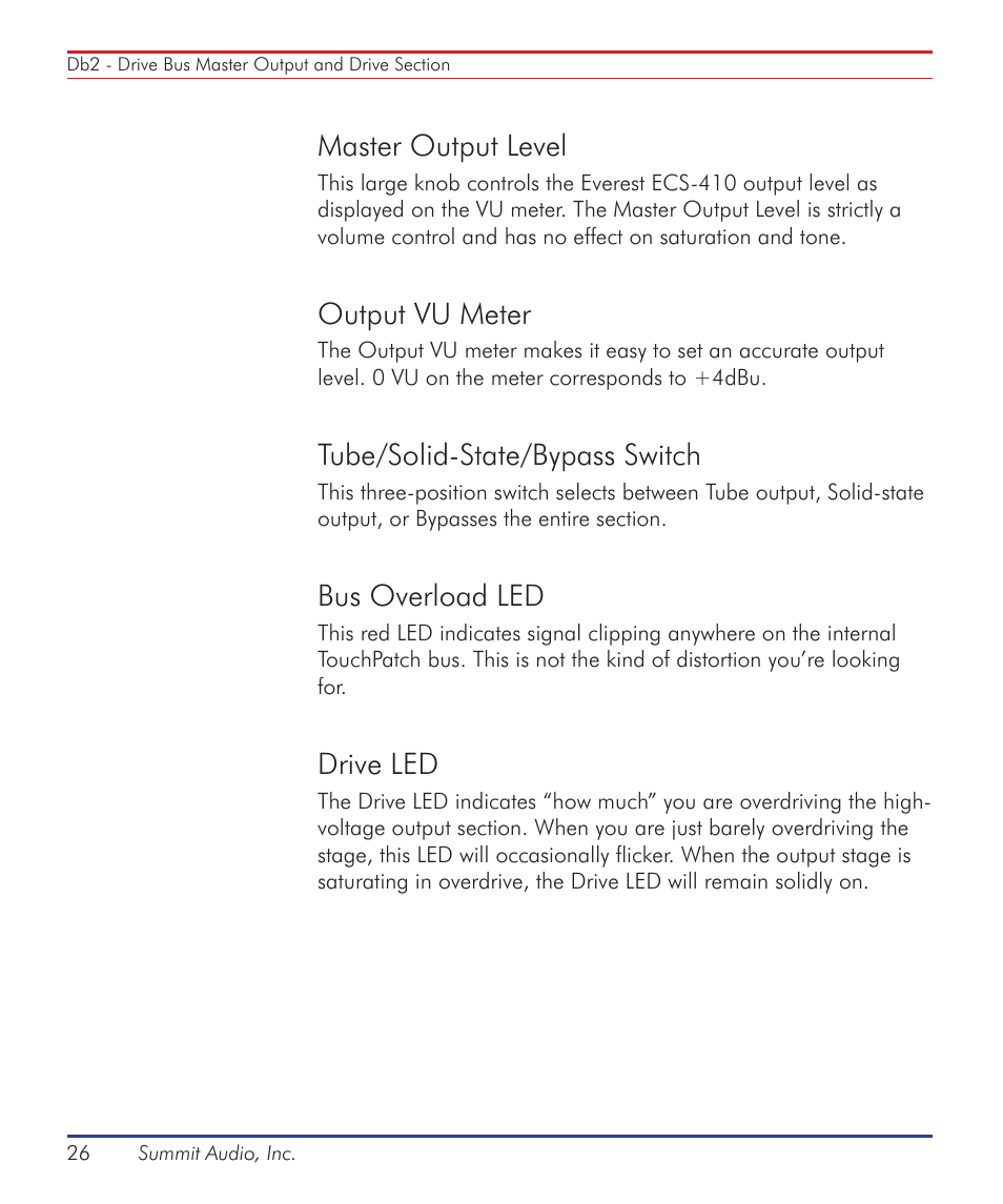 Master output level, Output vu meter, Tube/solid-state/bypass switch | Bus overload led, Drive led | Summit Audio ECS-410 Everest Channel Strip User Manual | Page 26 / 52