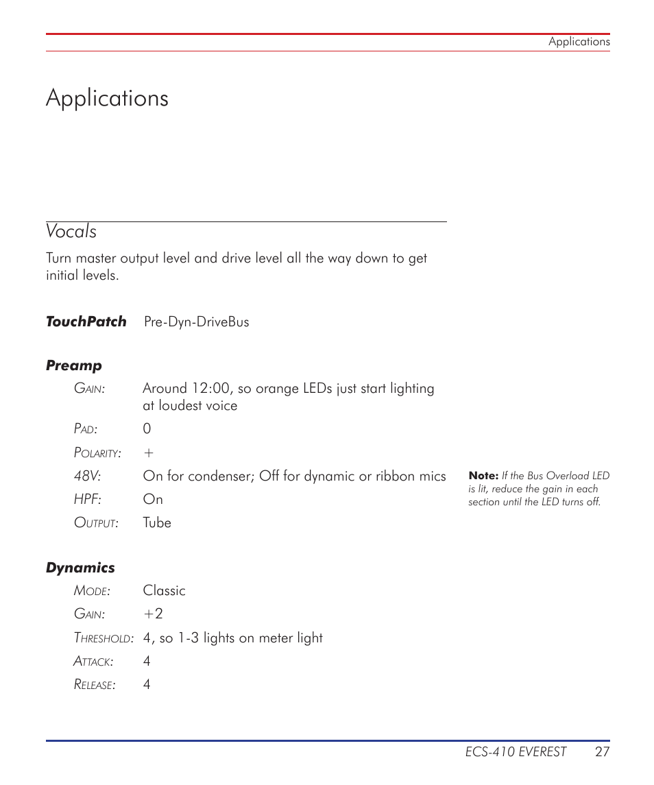 Applications, Vocals, Master output level | Output vu meter, Tube/solid-state/bypass switch, Bus overload led, Drive led | Summit Audio ECS-410 Everest Channel Strip User Manual | Page 27 / 52