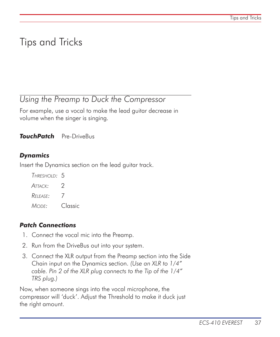 Tips and tricks, Using the preamp to duck the compressor | Summit Audio ECS-410 Everest Channel Strip User Manual | Page 37 / 52