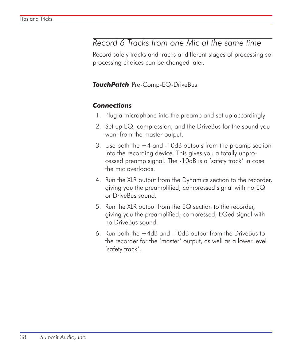 Record 6 tracks from one mic at the same time | Summit Audio ECS-410 Everest Channel Strip User Manual | Page 38 / 52