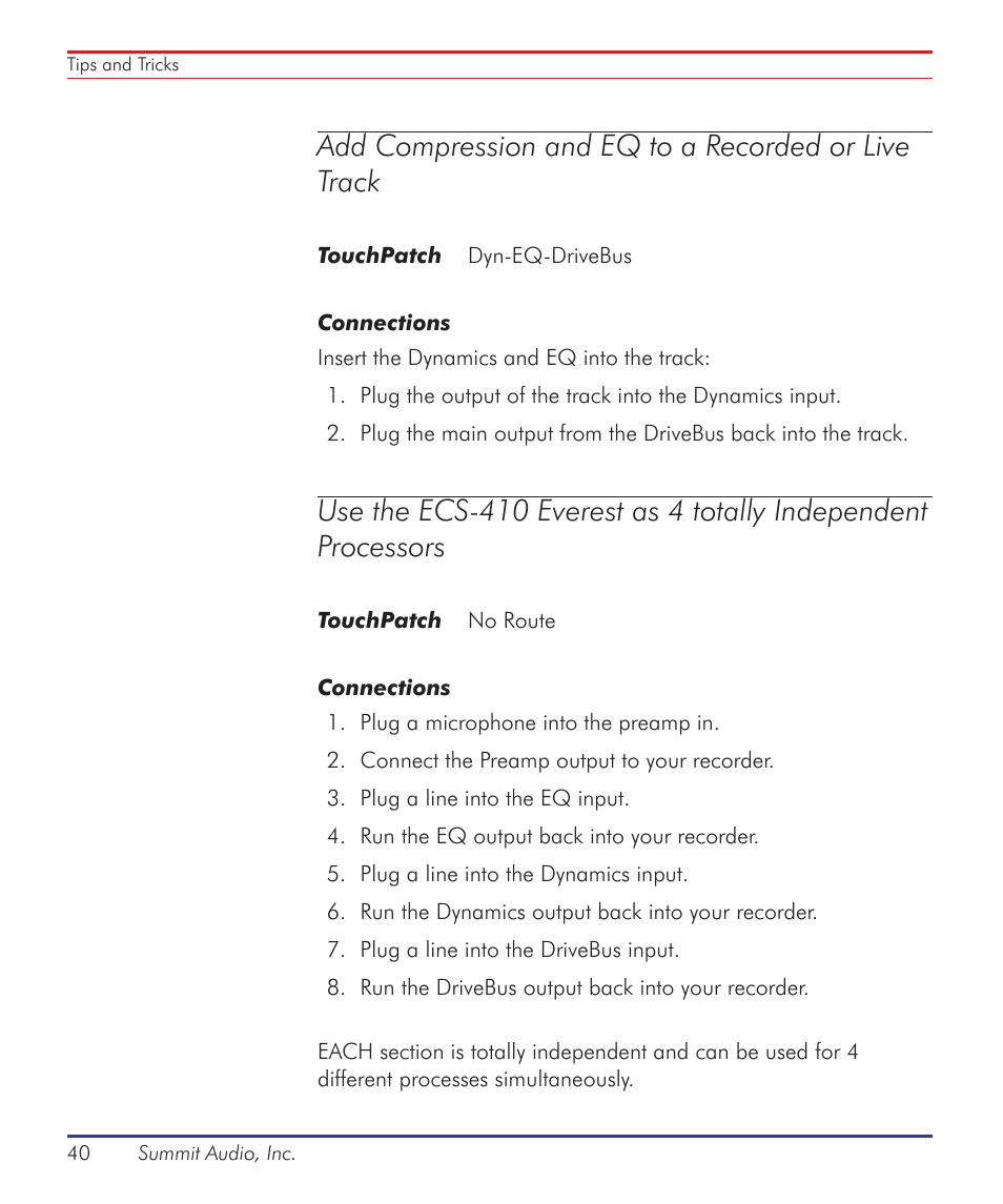 Add compression and eq to a recorded or live track | Summit Audio ECS-410 Everest Channel Strip User Manual | Page 40 / 52