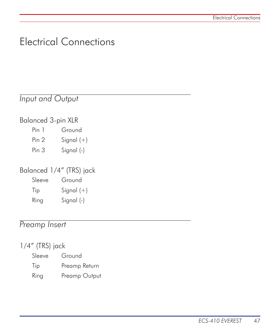 Electrical connections, Input and output, Preamp insert | Summit Audio ECS-410 Everest Channel Strip User Manual | Page 47 / 52