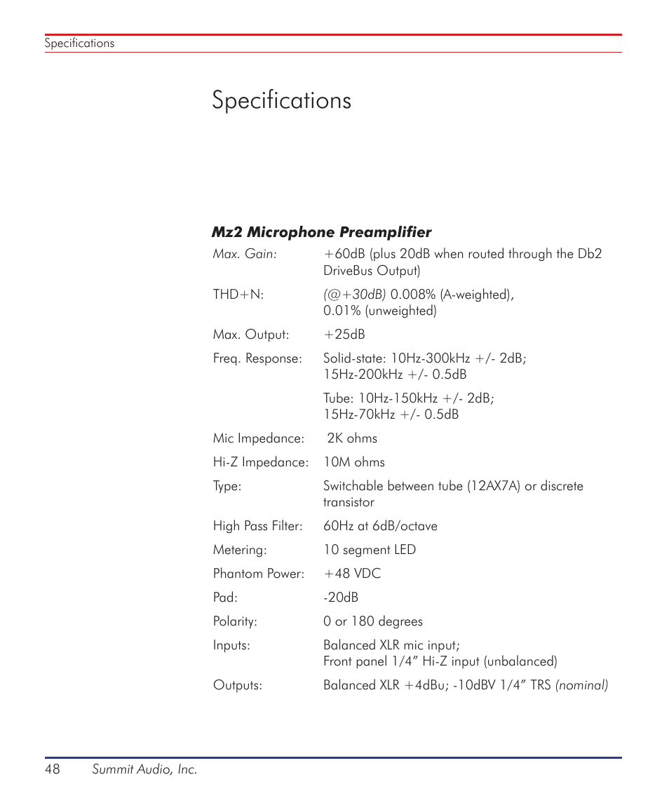 Specifications | Summit Audio ECS-410 Everest Channel Strip User Manual | Page 48 / 52