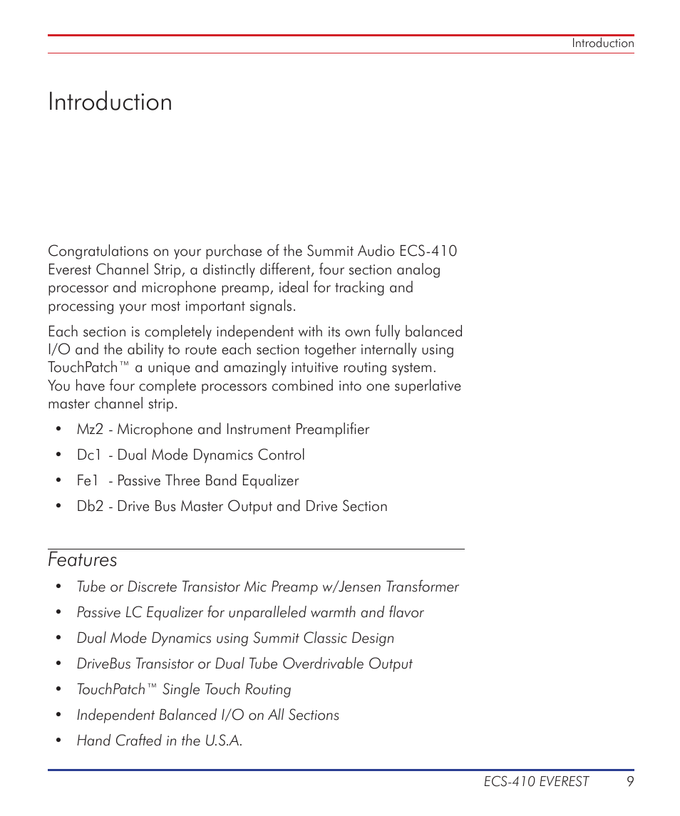 Introduction, Features | Summit Audio ECS-410 Everest Channel Strip User Manual | Page 9 / 52