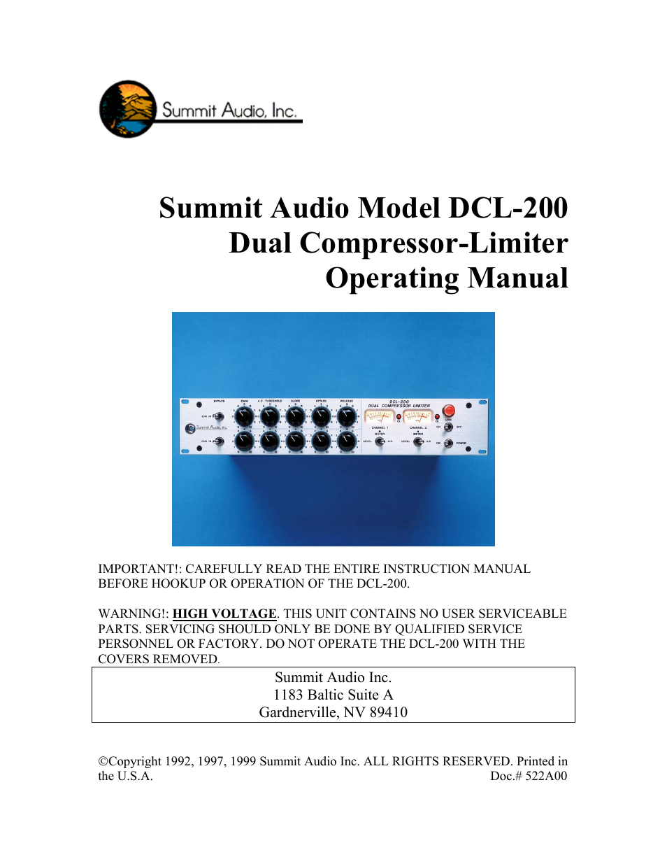 Summit Audio DCL-200 Dual Tube Compressor User Manual | 10 pages