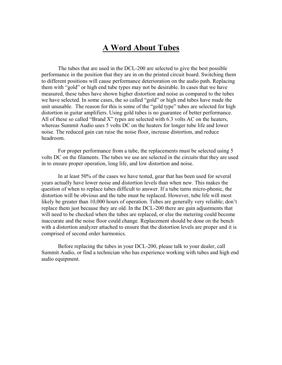 A word about tubes | Summit Audio DCL-200 Dual Tube Compressor User Manual | Page 8 / 10