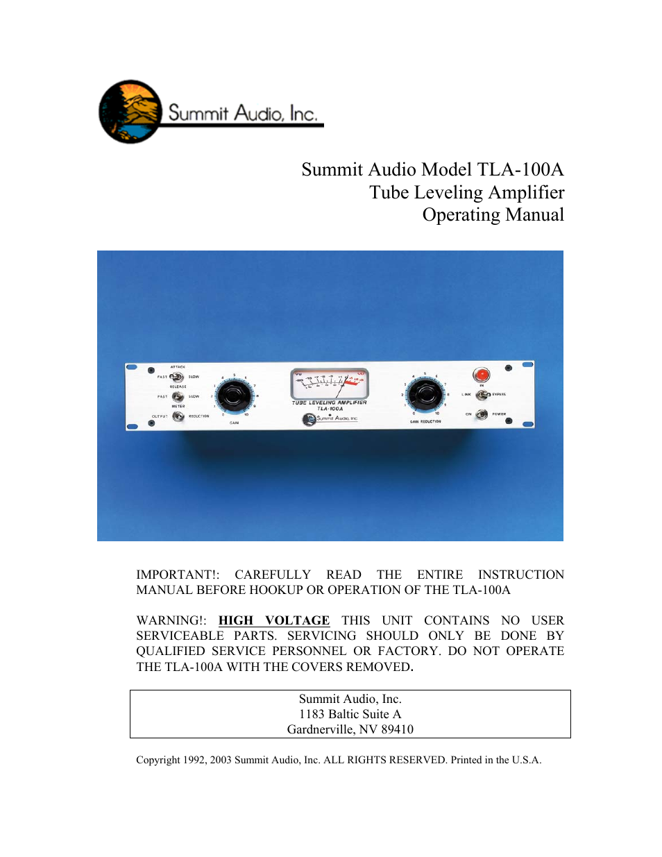 Summit Audio TLA-100A Tube Leveling Amplifier User Manual | 10 pages