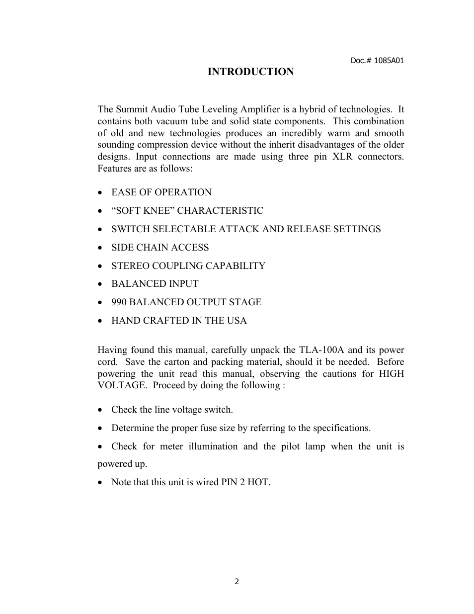 Summit Audio TLA-100A Tube Leveling Amplifier User Manual | Page 2 / 10