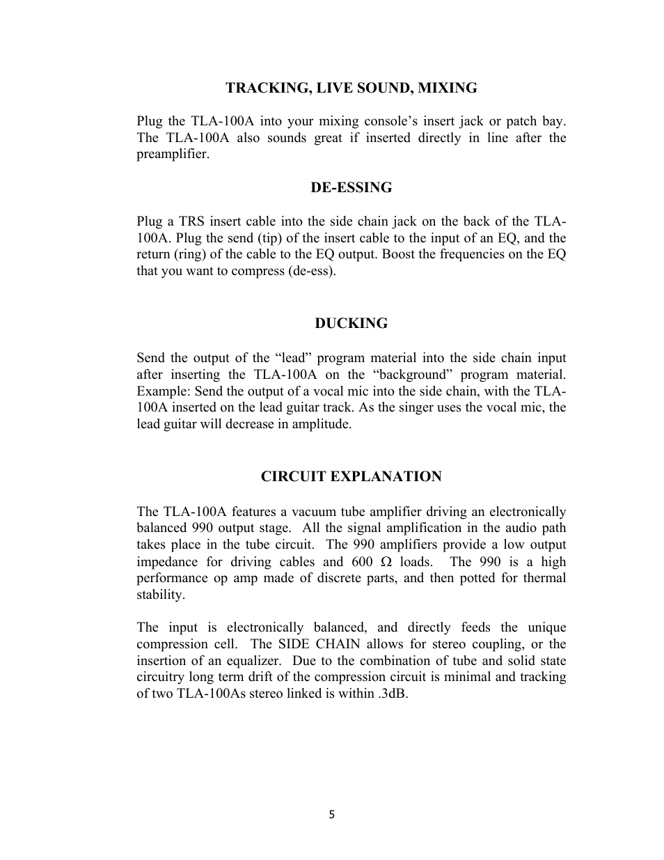 Tracking, live sound, mixing, De-essing, Ducking | Summit Audio TLA-100A Tube Leveling Amplifier User Manual | Page 5 / 10