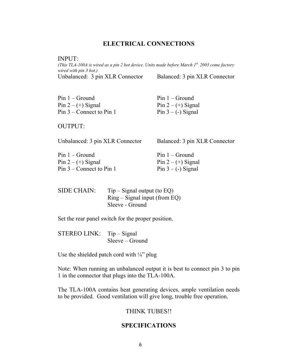 Electrical connections | Summit Audio TLA-100A Tube Leveling Amplifier User Manual | Page 6 / 10