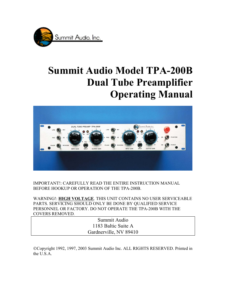 Summit Audio TPA-200B Dual Tube Mic/Line Preamp User Manual | 9 pages