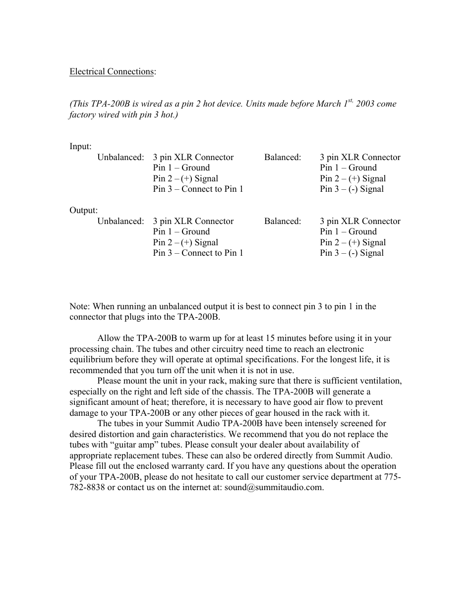 Summit Audio TPA-200B Dual Tube Mic/Line Preamp User Manual | Page 8 / 9