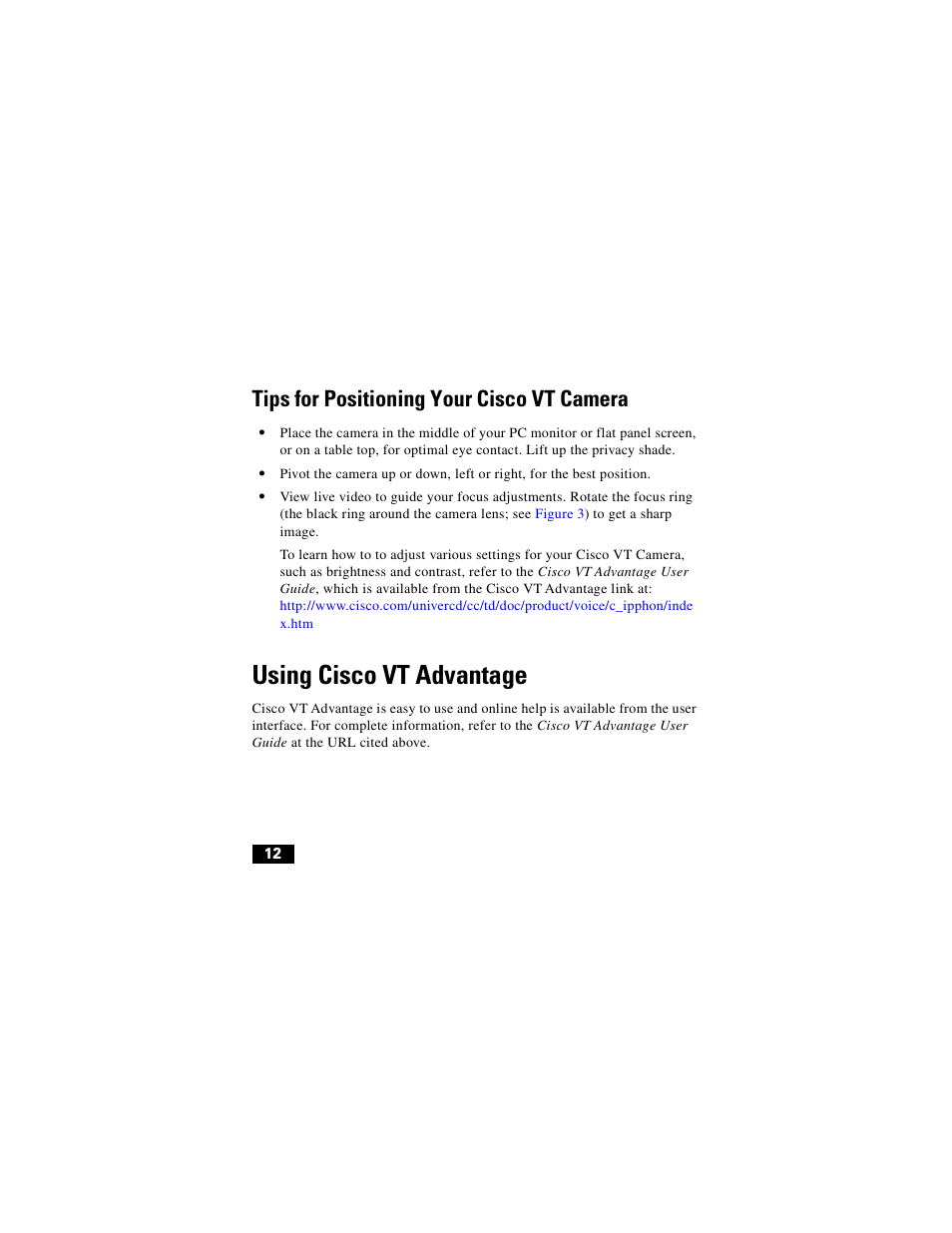 Tips for positioning your ciscovtcamera, Using ciscovtadvantage, Using cisco vt advantage | Using cisco vt advantage” section on, Tips for positioning your cisco vt camera | Cisco Digital Camera User Manual | Page 12 / 22