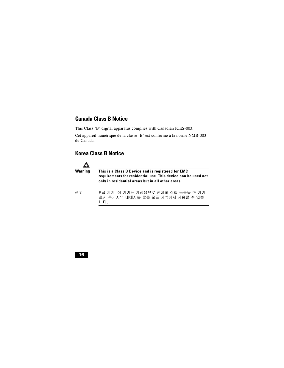 Canada class b notice, Korea class b notice | Cisco Digital Camera User Manual | Page 16 / 22