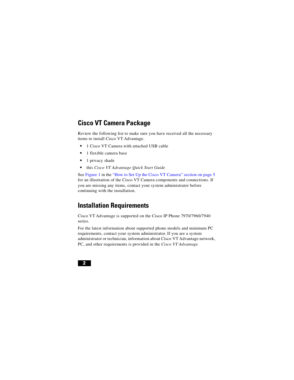 Ciscovtcamera package, Installation requirements, Cisco vt camera package | Cisco Digital Camera User Manual | Page 2 / 22