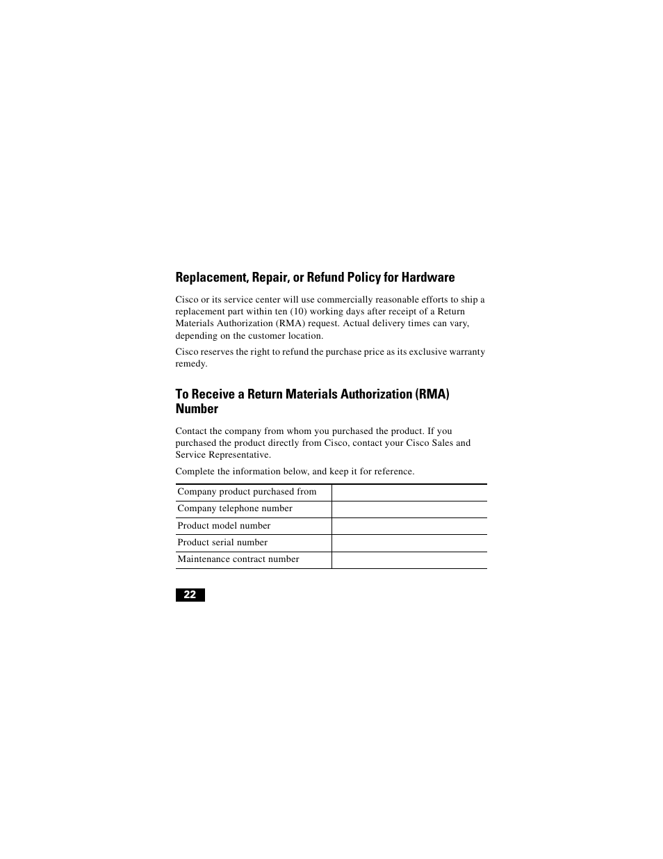 Replacement, repair, or refund policy for hardware | Cisco Digital Camera User Manual | Page 22 / 22