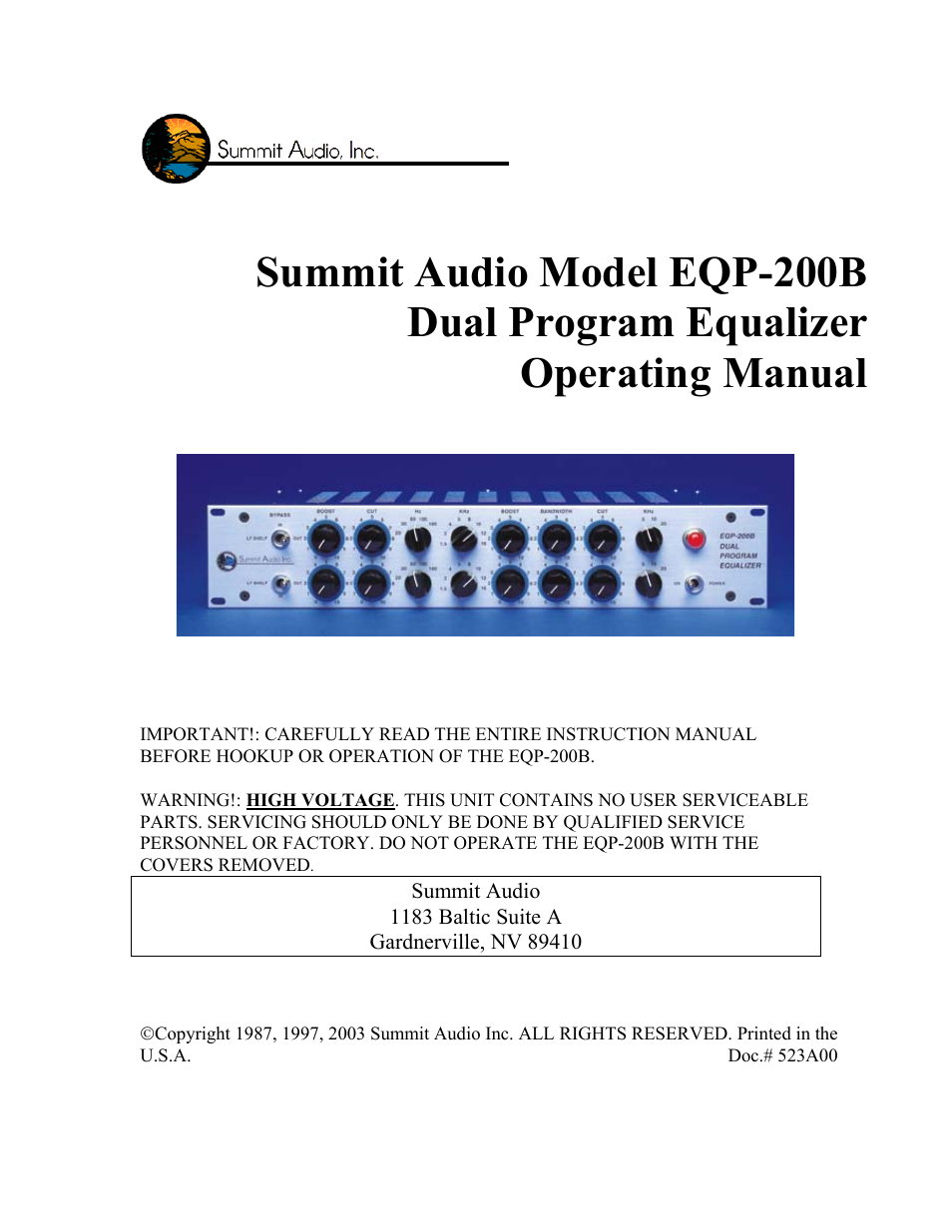 Summit Audio EQP-200B Dual Program Equalizer User Manual | 7 pages