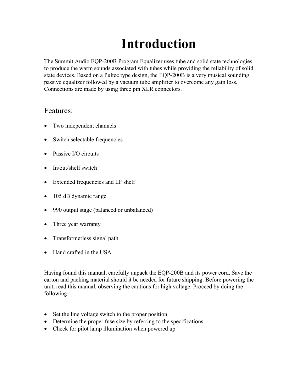 Introduction, Features | Summit Audio EQP-200B Dual Program Equalizer User Manual | Page 2 / 7