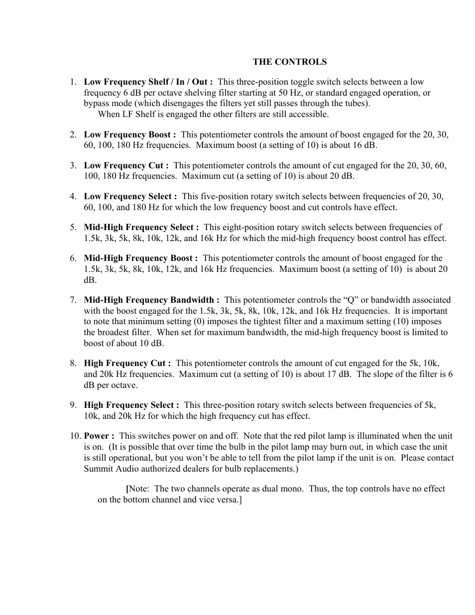The controls | Summit Audio EQP-200B Dual Program Equalizer User Manual | Page 3 / 7