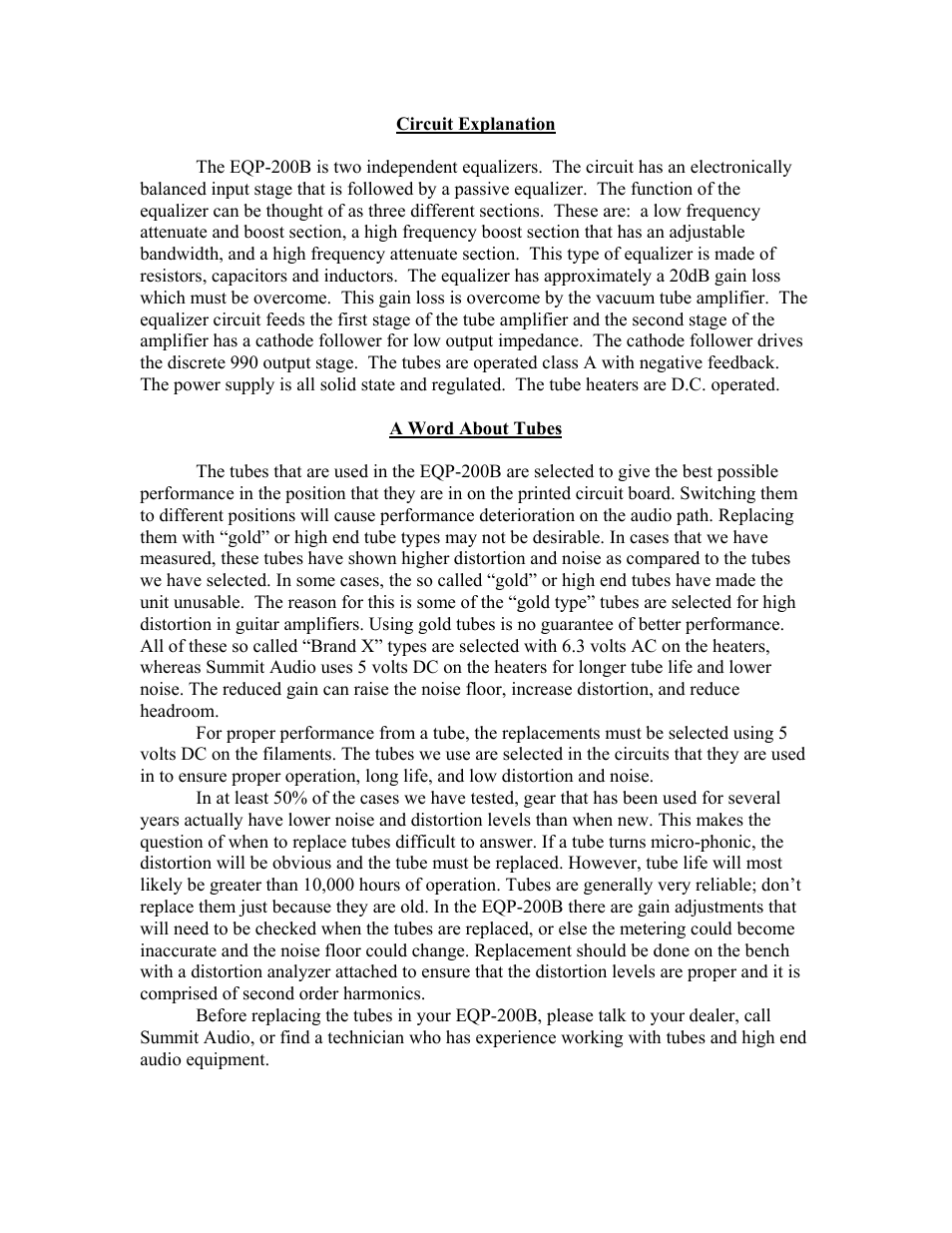 Circuit explanation, A word about tubes | Summit Audio EQP-200B Dual Program Equalizer User Manual | Page 5 / 7