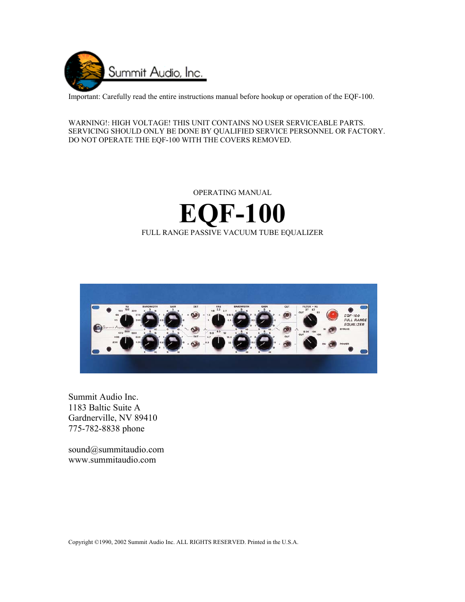 Summit Audio EQF-100 Tube Parametric Equalizer User Manual | 8 pages