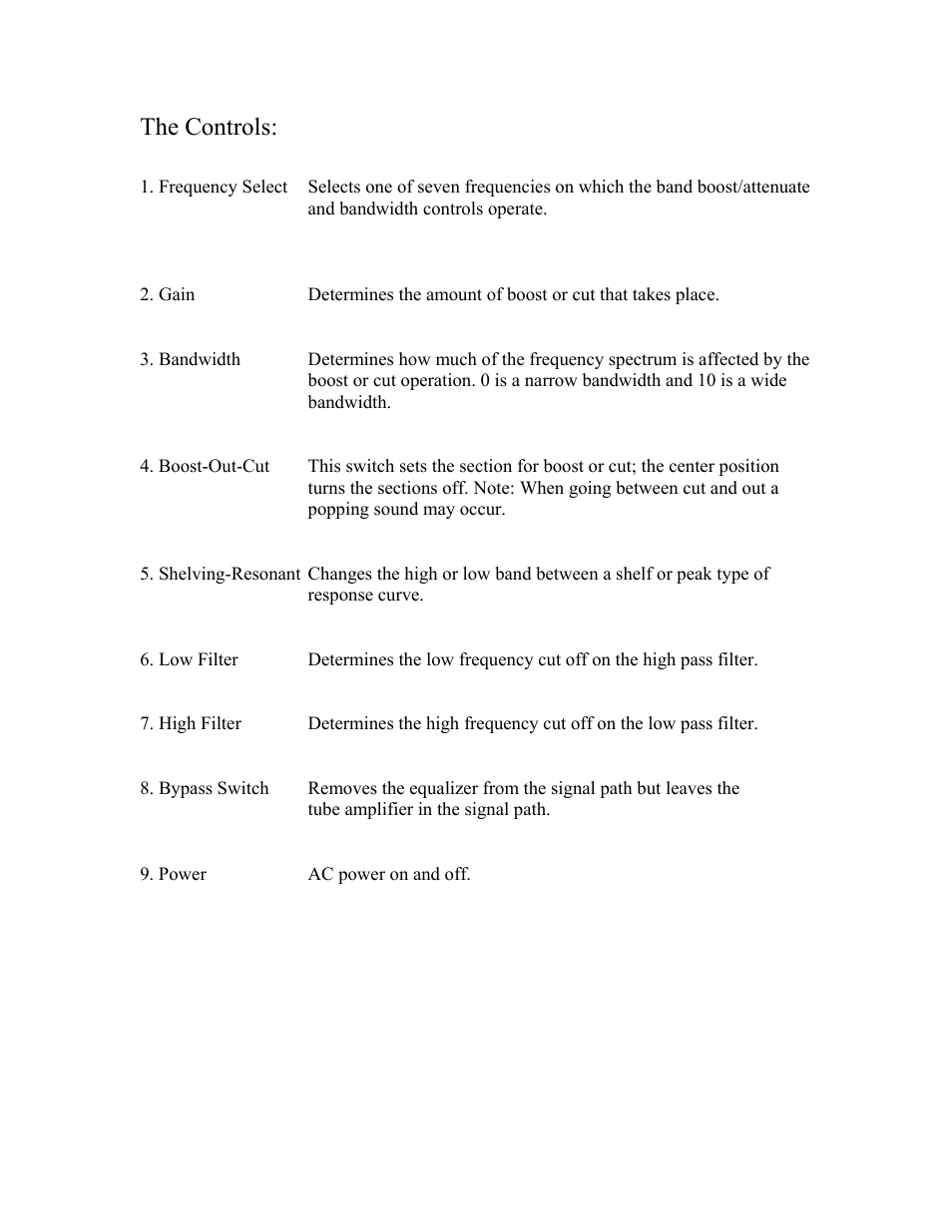 The controls | Summit Audio EQF-100 Tube Parametric Equalizer User Manual | Page 3 / 8