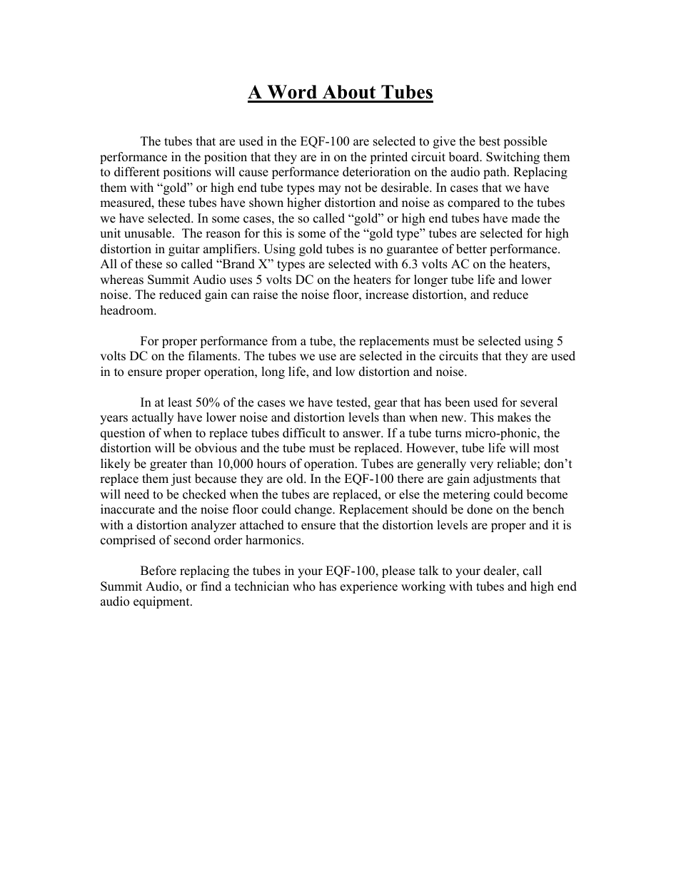 A word about tubes | Summit Audio EQF-100 Tube Parametric Equalizer User Manual | Page 6 / 8