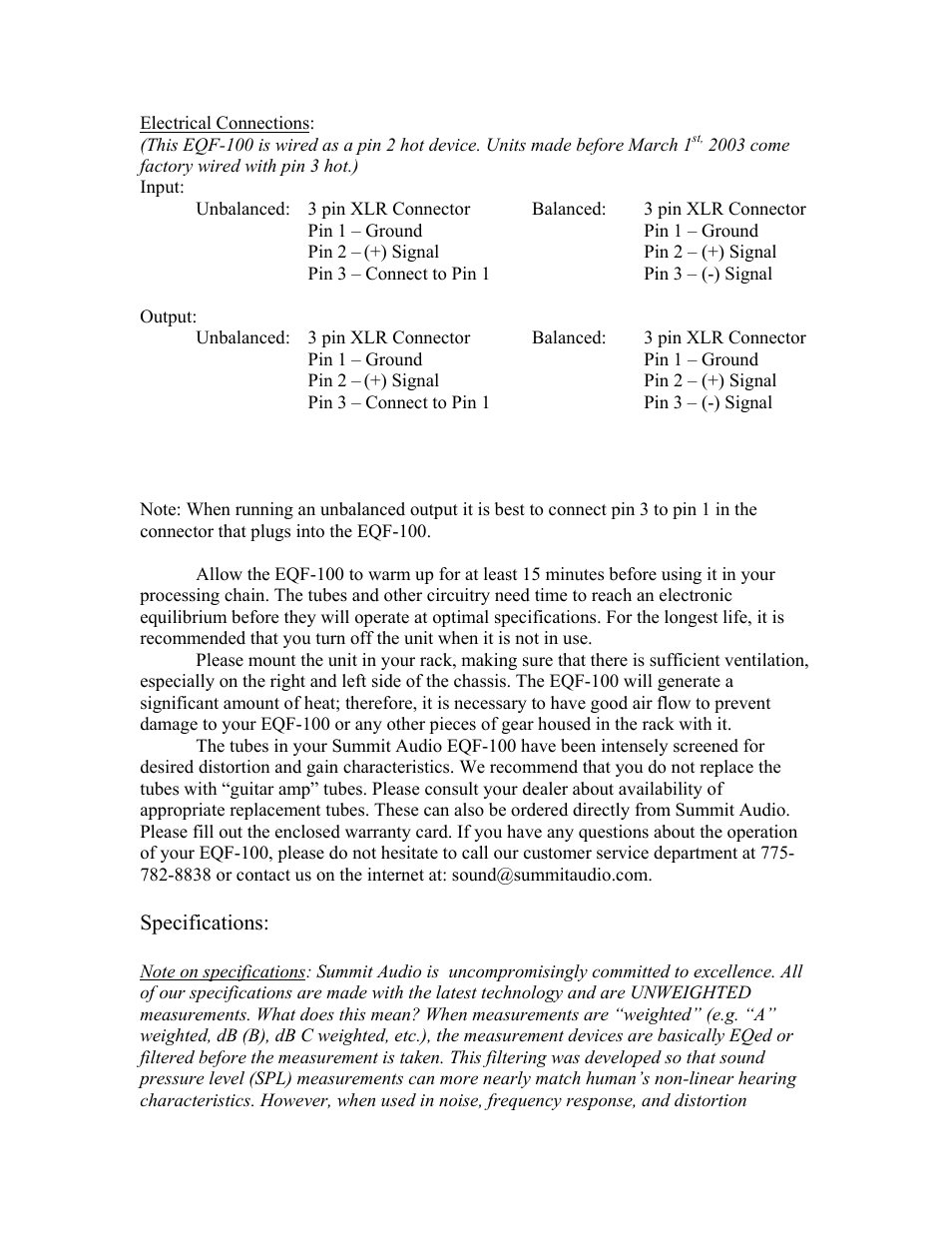 Summit Audio EQF-100 Tube Parametric Equalizer User Manual | Page 7 / 8