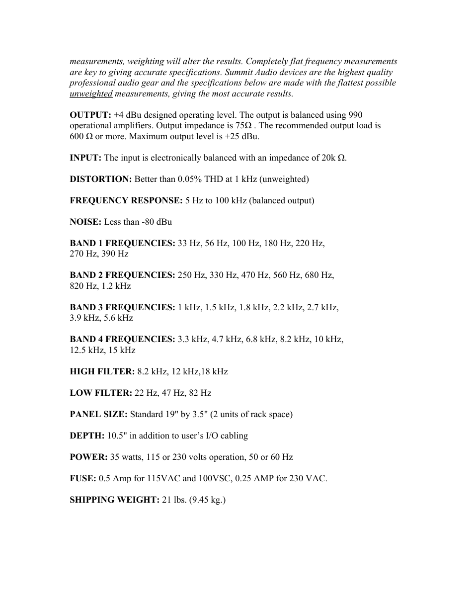 Summit Audio EQF-100 Tube Parametric Equalizer User Manual | Page 8 / 8