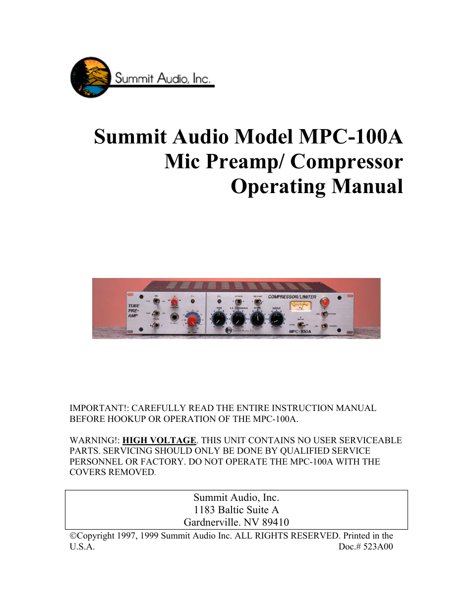 Summit Audio MPC-100A Mic Preamp Compressor User Manual | 11 pages