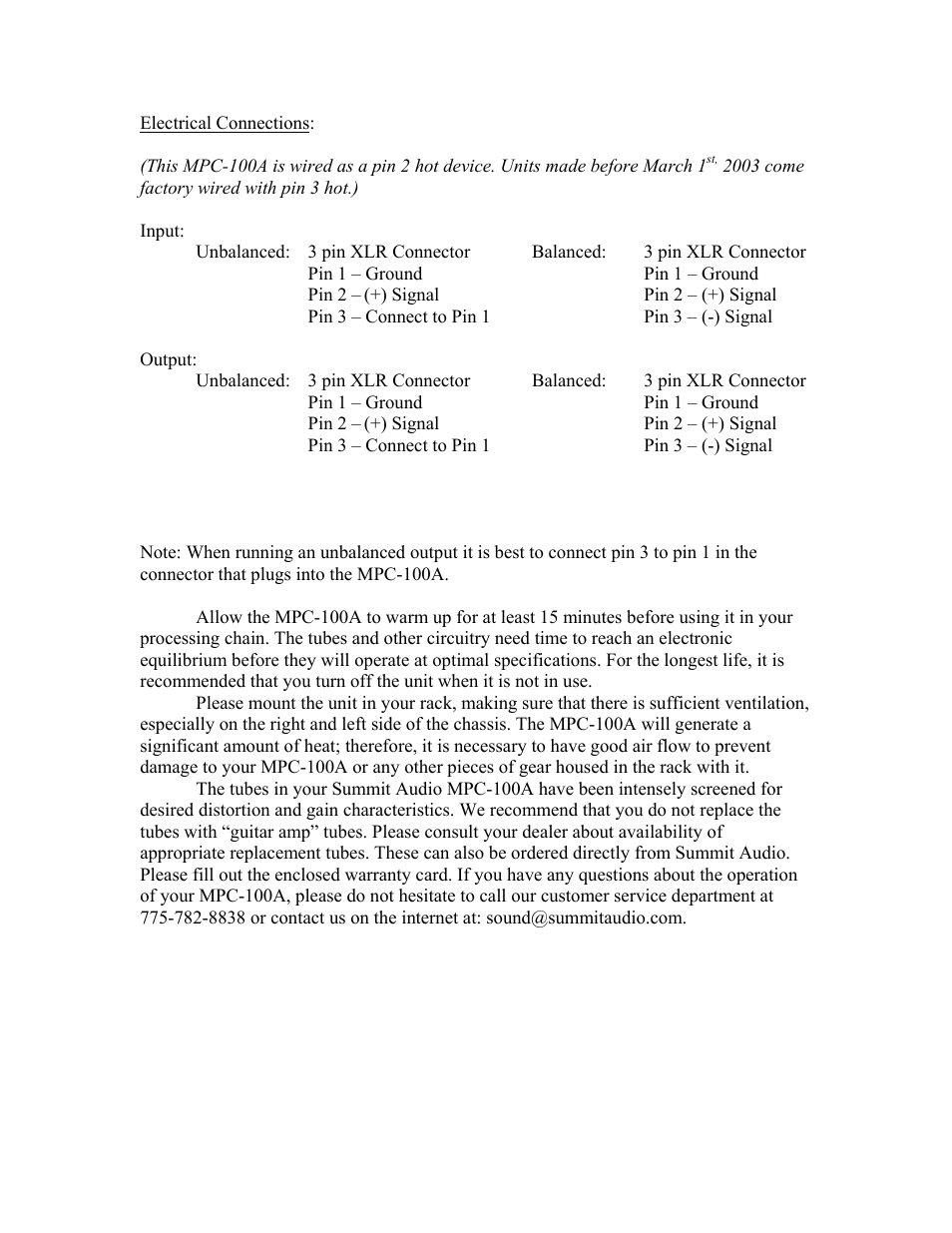 Summit Audio MPC-100A Mic Preamp Compressor User Manual | Page 10 / 11