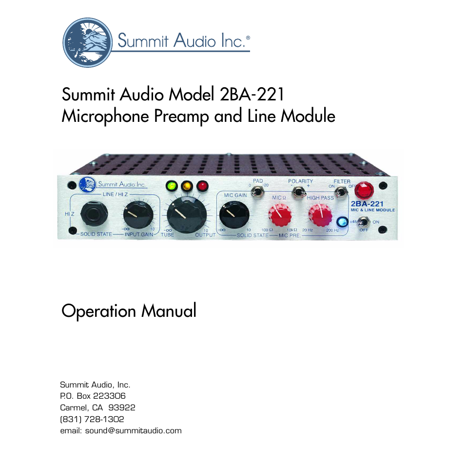 Summit Audio 2BA-221 Mic and Line Preamplifier User Manual | 20 pages