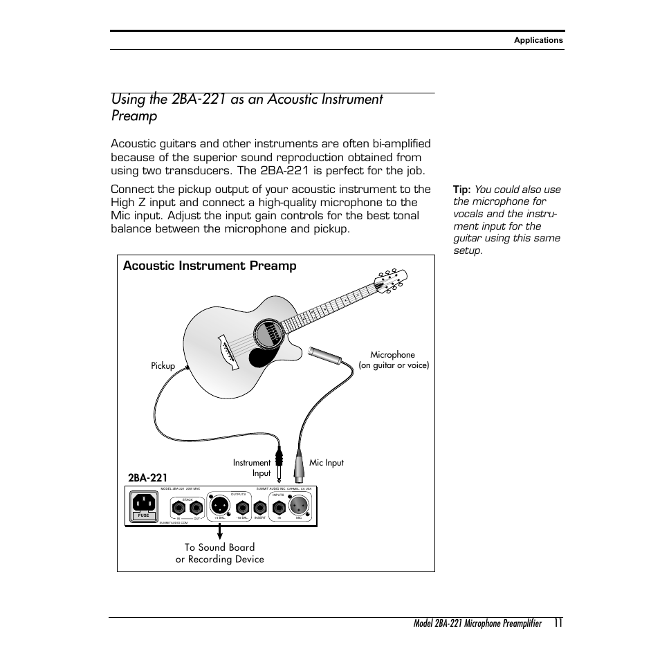 Using the 2ba-221 as an acoustic instrument preamp, Acoustic instrument preamp, Model 2ba-221 microphone preamplifier | 2ba-221 | Summit Audio 2BA-221 Mic and Line Preamplifier User Manual | Page 11 / 20