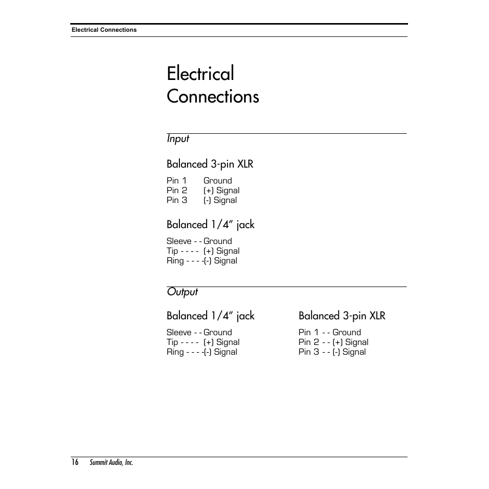 Electrical connections | Summit Audio 2BA-221 Mic and Line Preamplifier User Manual | Page 16 / 20