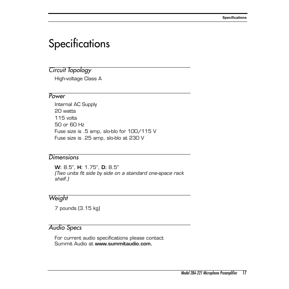 Specifications | Summit Audio 2BA-221 Mic and Line Preamplifier User Manual | Page 17 / 20