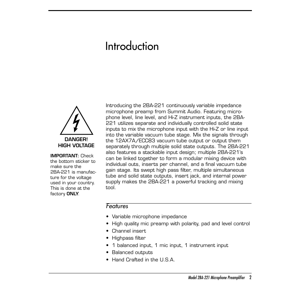 Introduction | Summit Audio 2BA-221 Mic and Line Preamplifier User Manual | Page 2 / 20