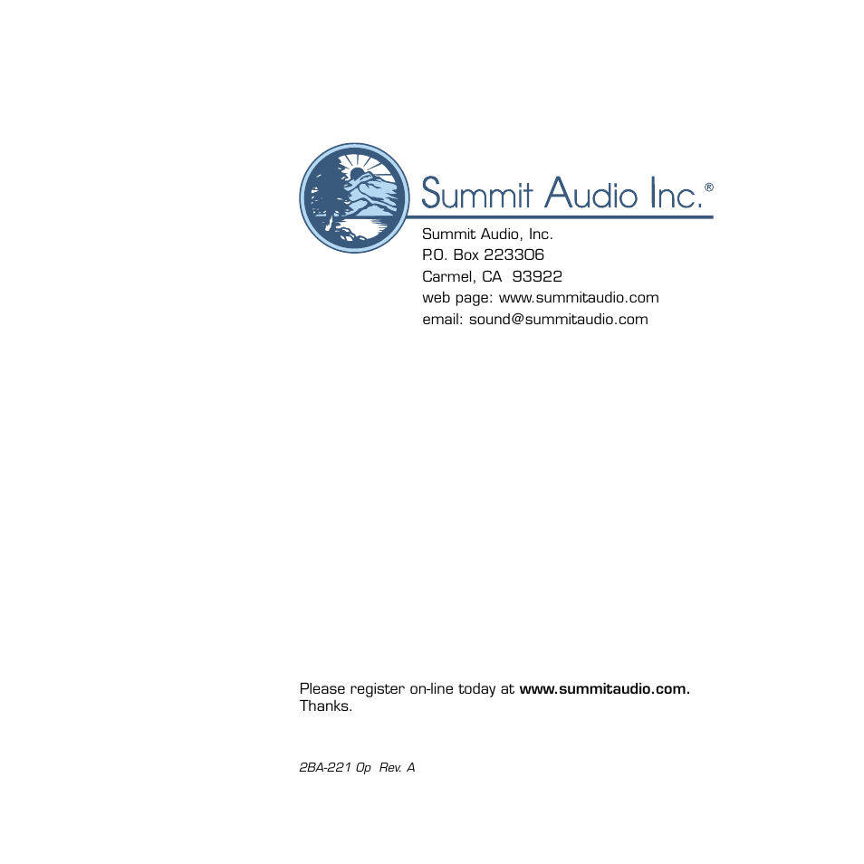 Summit Audio 2BA-221 Mic and Line Preamplifier User Manual | Page 20 / 20