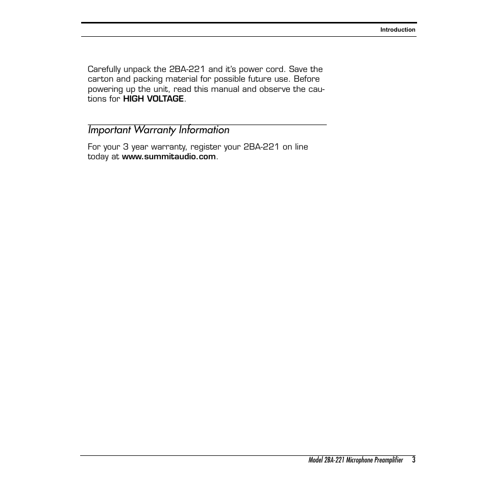 Important warranty information | Summit Audio 2BA-221 Mic and Line Preamplifier User Manual | Page 3 / 20