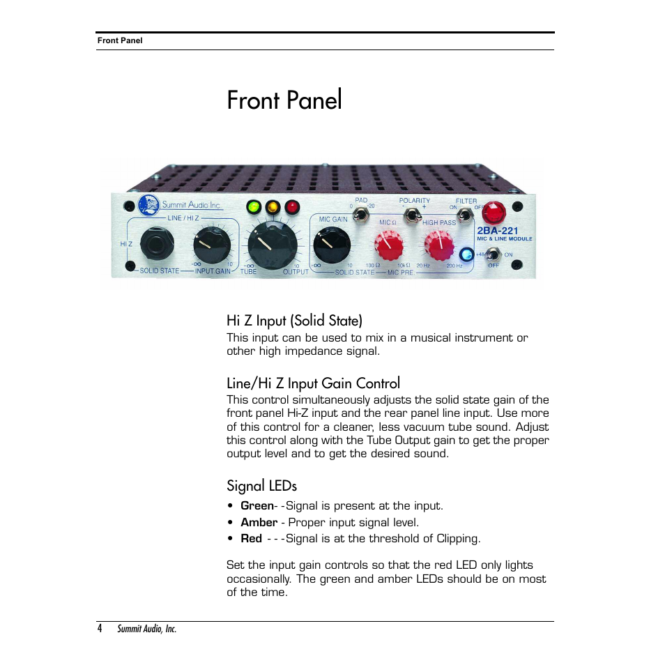 Front panel | Summit Audio 2BA-221 Mic and Line Preamplifier User Manual | Page 4 / 20