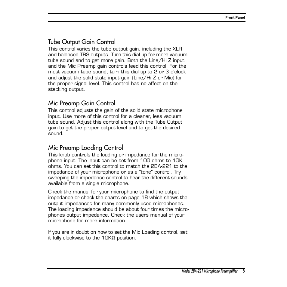 Tube output gain control, Mic preamp gain control, Mic preamp loading control | Summit Audio 2BA-221 Mic and Line Preamplifier User Manual | Page 5 / 20