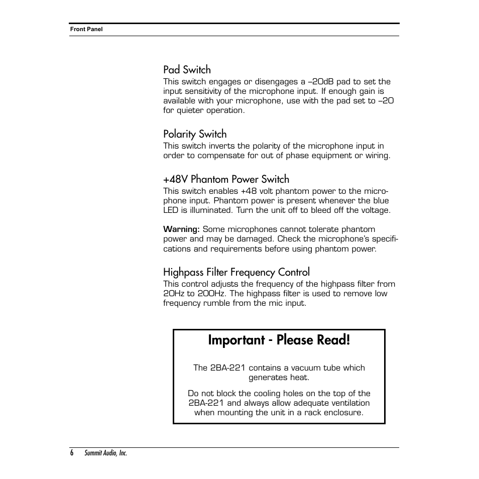 Important - please read | Summit Audio 2BA-221 Mic and Line Preamplifier User Manual | Page 6 / 20