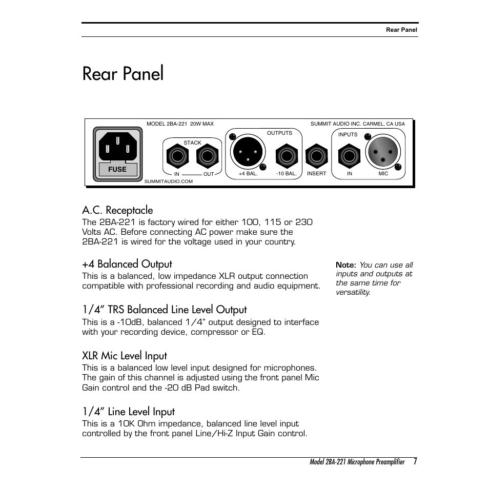 Rear panel, A.c. receptacle, 4 balanced output | 1/4” trs balanced line level output, Xlr mic level input, 1/4” line level input | Summit Audio 2BA-221 Mic and Line Preamplifier User Manual | Page 7 / 20