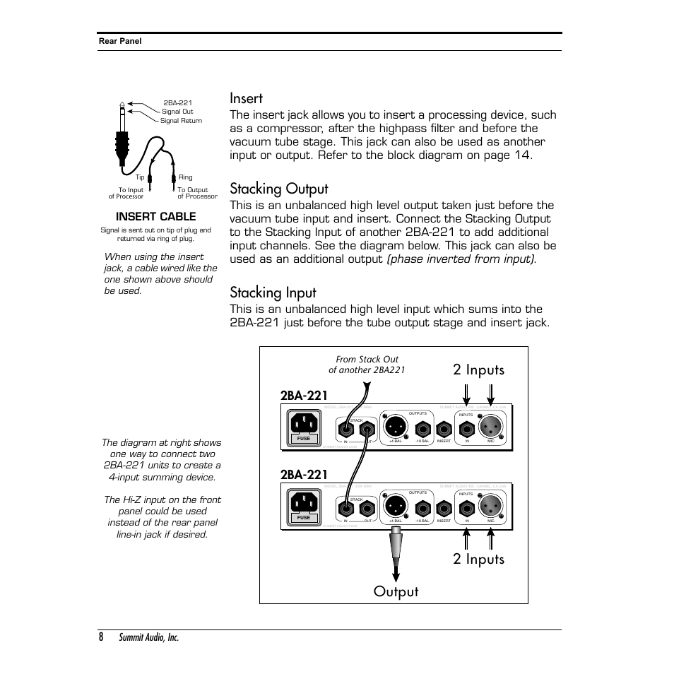 Insert, Stacking output, Stacking input | Output 2 inputs 2 inputs, 2ba-221, Insert cable | Summit Audio 2BA-221 Mic and Line Preamplifier User Manual | Page 8 / 20