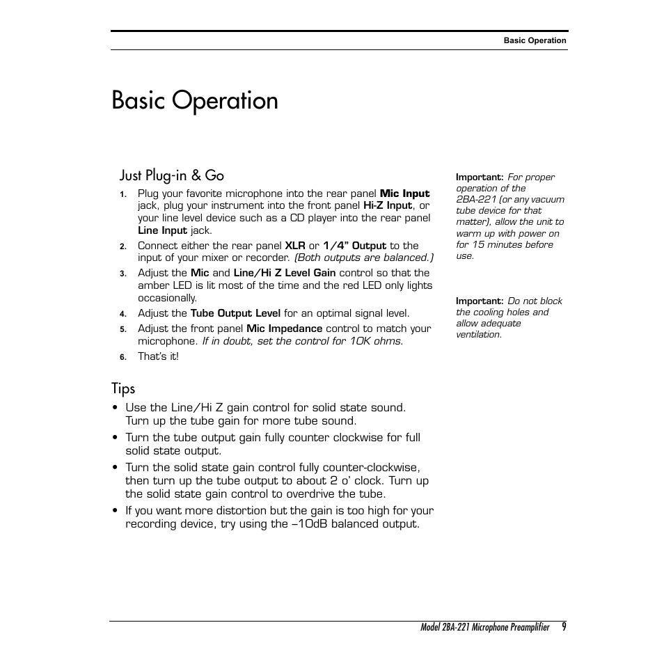 Basic operation, Just plug-in & go, Tips | Summit Audio 2BA-221 Mic and Line Preamplifier User Manual | Page 9 / 20